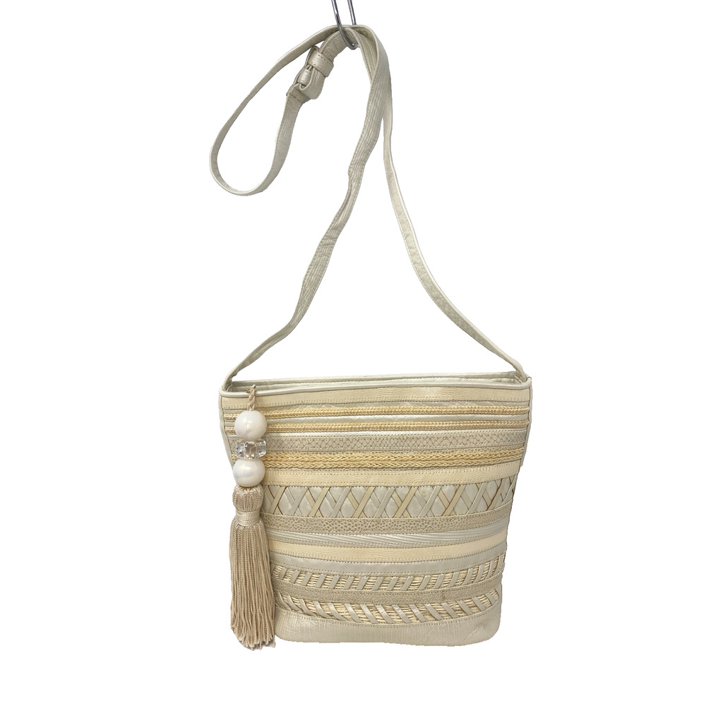 Sharif Shoulder Bag Beige Leather Crossbody Strap Pearlized Tassel Zipper - Picture 3 of 8